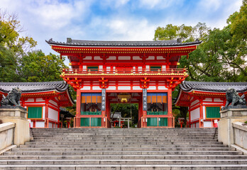 Main gate of Yasaka shrine in Gion district, Kyoto, Japan (translation "Monthly Ceremony Festival 10:00 AM")
