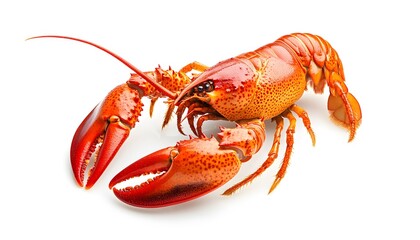 Bright red cooked lobster shown against a white background