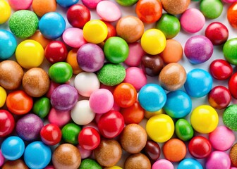 Obraz premium Panoramic View of Colorful Round Candies on White Background