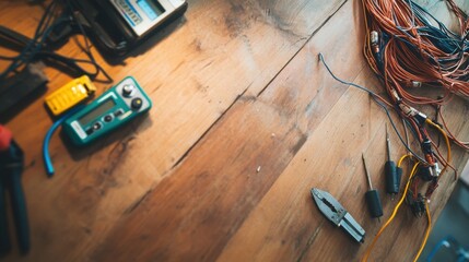Damaged cables resting on a wooden desk with tools. Featuring broken insulation and exposed copper