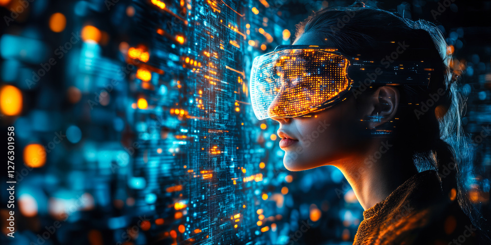 Poster woman engaging with 4d interaction technologies using advanced augmented reality interface for enhan