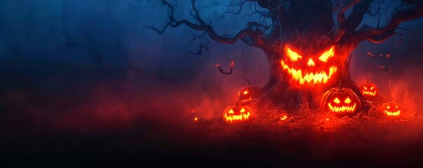 Haunted Tree with Glowing JackOLanterns in Misty Spooky Night Forest Halloween Scene Background