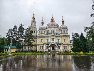 Ascension Cathedral, a Russian Orthodox cathedral located in the Panfilov Park in Almaty, Kazakhstan. Zenkov Cathedral, Almaty, Kazakhstan