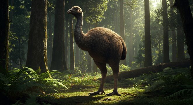 Moa Bird Standing in Lush Forest Clearing with Sunlight Streaming Through