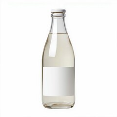 Glass Bottle of Refreshing Liquid with Label and White Background Clean Simple Minimalist Style