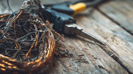 Damaged cables resting on a wooden surface with tools nearby. Featuring frayed insulation and exposed copper