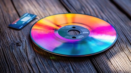 Fototapeta premium Colorful Music Disc Displayed on Wooden Surface with Blue Card and Creative Composition of Art