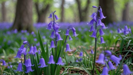 Purple bell-shaped flowers in a forest setting with blurred background and lush green foliage during spring season.