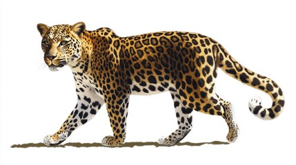 Leopard walking gracefully against white background showcasing spotted coat and steady gaze