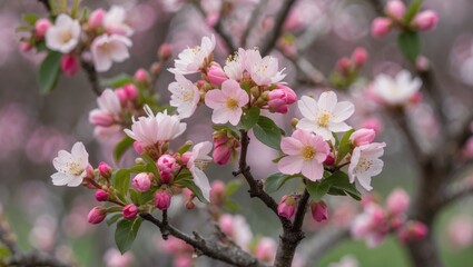 Cherry blossom flowers in full bloom on a tree branch with pink buds and soft-focus background in spring season.