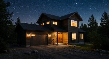 Elegant Home at Night Under Starry Sky in Rural Setting