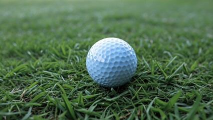 Fototapeta premium Close-up of a blue golf ball resting on a well-maintained green grass surface under natural lighting conditions.