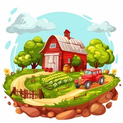 A red barn with a red car in front of it