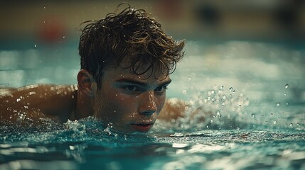 Young swimmer focuses intensely during a competitive lap in the pool, showcasing determination and skill