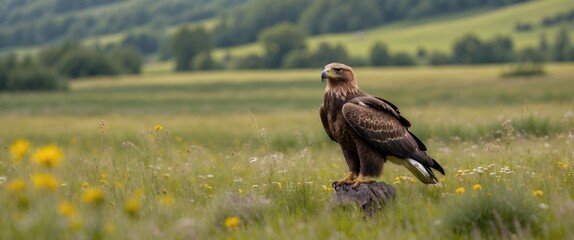 Obraz premium Golden eagle perched on a rock in a grassy field with wildflowers and green hills in the background during daytime.