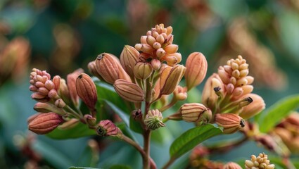 close-up of pink flower buds on a green shrub with blurred background in natural light during daytime