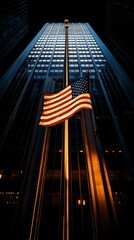 American Flag Waving Proudly Against a Towering Skyscraper at Dusk, Symbolizing National Pride