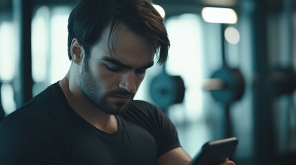 Social media rumors affecting a man in a gym. Featuring frustration and distraction