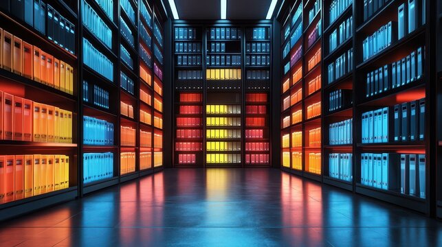 An Aesthetically Pleasing Archive Room with Open File Storage and Colorful Organized Shelves in a Modern Design