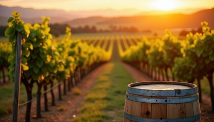 Vineyard Vista Barrel Focus Sunset Serenity and Rolling Hills Scenic Beauty Rustic Charm Wine Country
