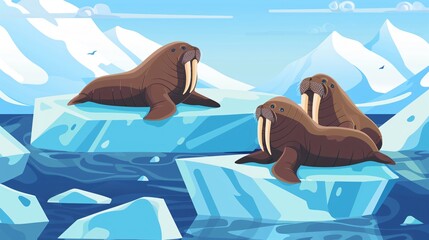 Adorable Walruses Lounging on Icebergs Vector Illustration
