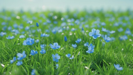 Fototapeta premium Blue flowers in a grassy field under soft natural lighting captured in a close-up view detailed with shallow depth of field