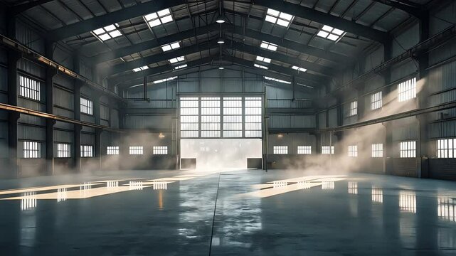 Large empty industrial warehouse with metal framework, high ceilings, and soft sunlight beaming through the windows

