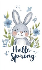 Hello spring - modern calligraphy inspirational text on floral background with cute painted bunny.