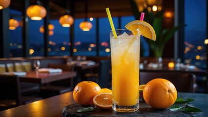 Glass of orange cocktail with vibrant straws surrounded by fresh oranges in upscale restaurant setting at night.