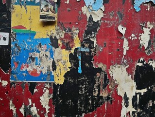 Fototapeta premium Weathered Urban Wall with Layers of Torn Posters and Vibrant Colors Graphic Texture and Pattern