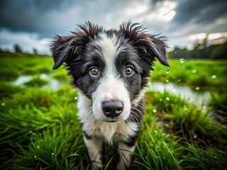 Fototapeta premium Playful Black and White Border Collie Puppy Explores Lush Green Wet Grass Field - Drone Aerial View