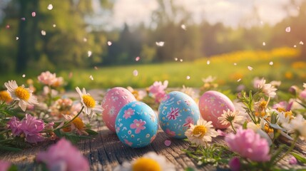 Easter Eggs Celebration on Wooden Surface with Flowers Petals and Nature Background in Spring Time