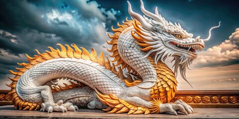 Fototapeta premium Vintage White Dragon Photography, Black Background, Curled S Shape, Fantasy Art, Mythical Creature