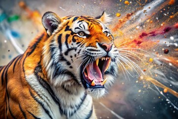 Naklejka premium Wild Tiger Double Exposure, Paint Splatter, Action Pose, Dynamic Art, Screaming Tiger, Big Cat, Wildlife Photography, Animal Art, Abstract Art, Fierce Tiger