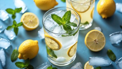 Refreshing lemonade drink with lemon slices and mint leaves surrounded by ice cubes and whole lemons on a blue background