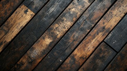 Aged wooden planks, diagonal pattern, rustic floor, blurry background