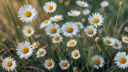 Daisies with white petals and yellow centers blooming in green grass under natural sunlight in a garden setting