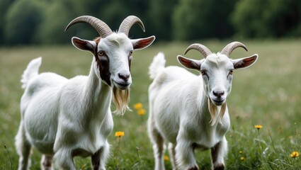 Obraz premium Two goats standing in a meadow surrounded by greenery and wildflowers during daylight. The goats have distinctive horns and fur patterns.