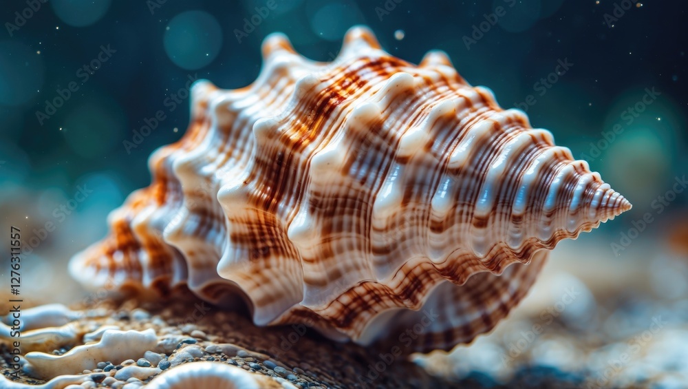 Poster close-up of a beautifully patterned sea shell resting on sandy ocean floor with soft bokeh backgroun