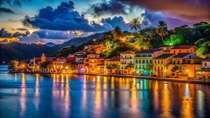 Fototapeta premium Portobelo Night: Caribbean Sea, Starry Sky, Historic Walls, Colorful Buildings, Tropical Night Scene