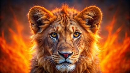 Naklejka premium Powerful Fiery Lion Cub Portrait: Wildlife Energy and Nature's Majesty