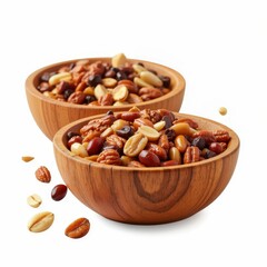 Two Wooden Bowls Filled With Mixed Nuts and Chocolate Chips Isolated on White Background Studio Shot