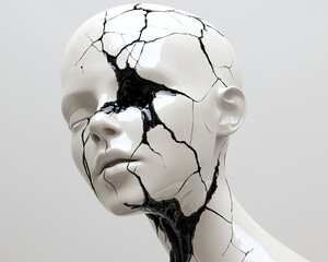 Close-up of a cracked mannequin head with black paint leaking from the cracks, symbolizing brokenness, destruction, and the fragility of the human form in a surreal art style.