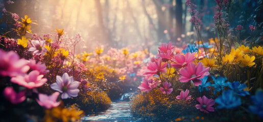 Beautiful colorful wild flowers in deep foggy forest with sun light in Spring.