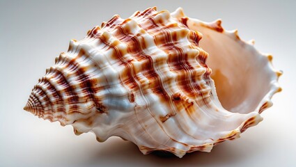 Close-up of a large spiral seashell with intricate patterns and a smooth inner surface on a plain background