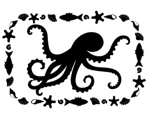 Octopus, sea animal in a rectangular frame - vector silhouette for printing or cutting. Marine composition stencil with octopus and other sea animals  © Hanna