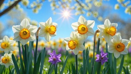 Fototapeta premium Daffodils and purple flowers in a sunny field with blurred background and sun rays shining through trees