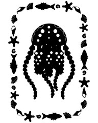 Jellyfish silhouette of a sea animal in a rectangular frame - vector template for printing or cutting. Jellyfish animal mollusk composition on a marine theme	