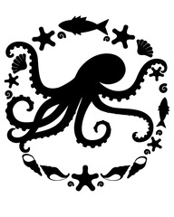 Octopus silhouette of a sea animal in a round frame - vector template for printing or cutting. Marine animal Octopus composition on a marine theme	