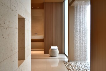 Japanese-inspired Zen bathroom with smooth stones, warm wood paneling, and a rainfall shower
